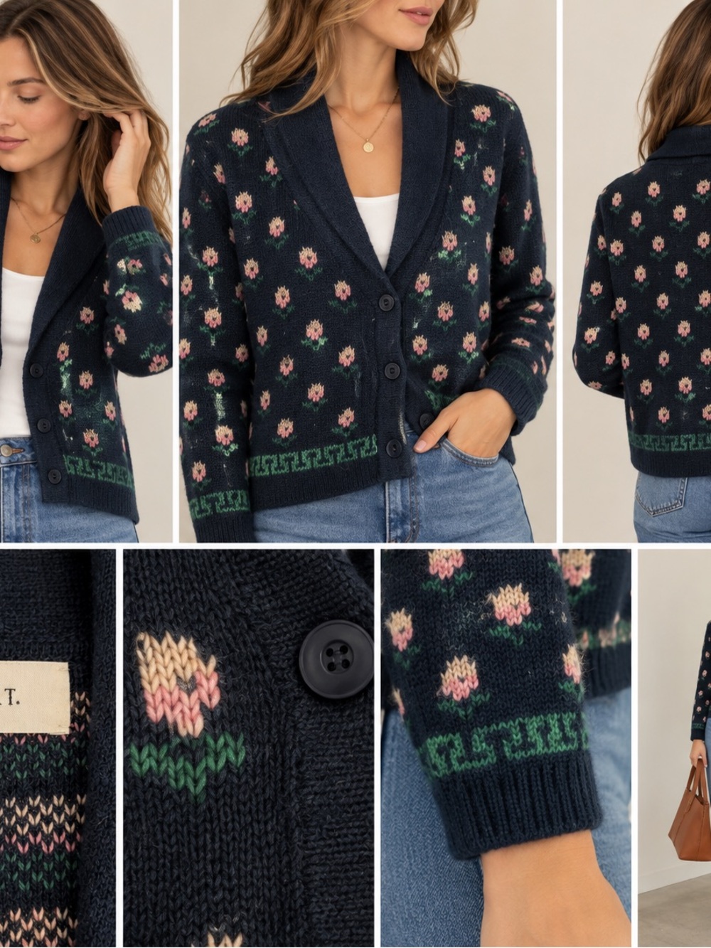 THE GREAT. Women’s 0 XS Alpaca Floral Cardigan Navy Wool Blend Made Peru